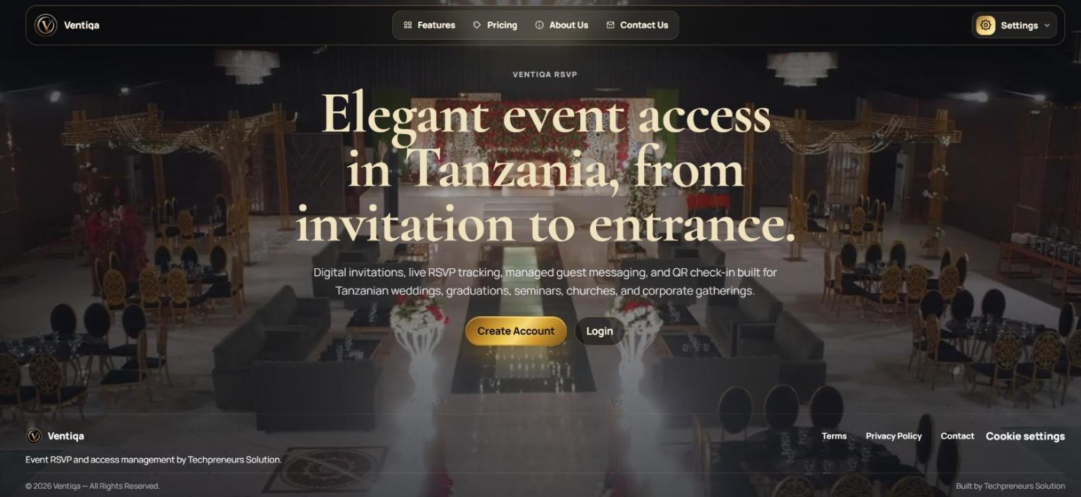 The Ventiqa homepage: elegant event access in Tanzania, from invitation to entrance